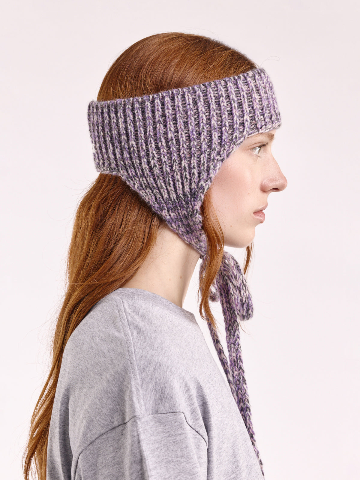 Wool Marl Ear Flap Head Band - Grey/Purple Marl