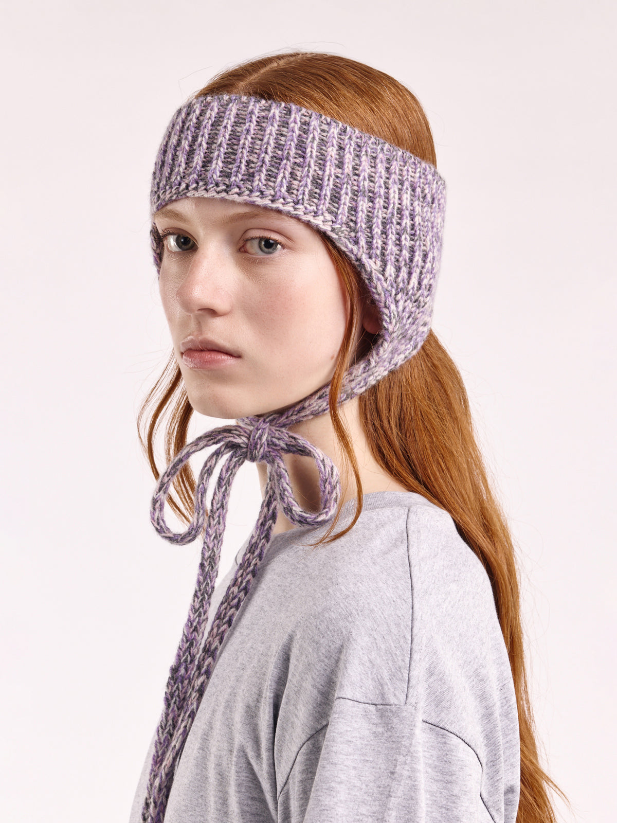 Wool Marl Ear Flap Head Band - Grey/Purple Marl
