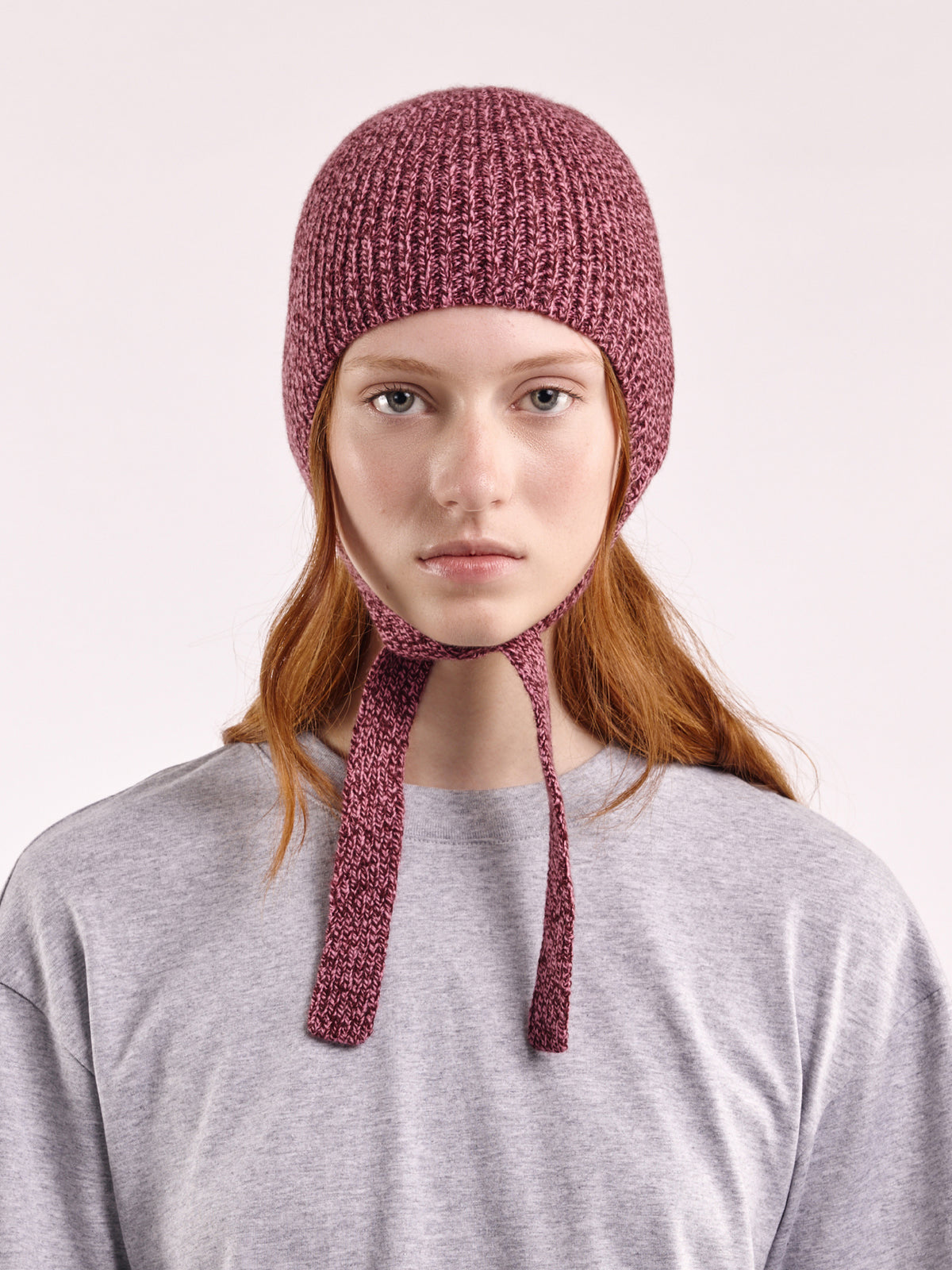 Soft Wool Tied Bonnet Hat - Burgundy/Pink Marl