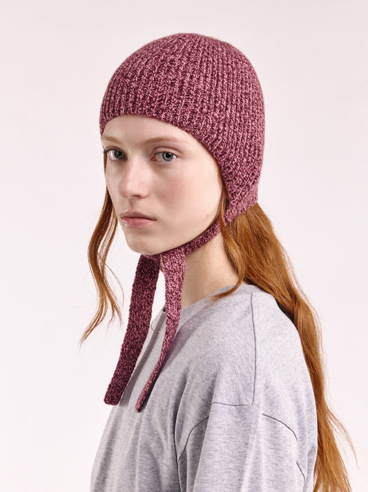 Soft Wool Tied Bonnet Hat - Burgundy/Pink Marl