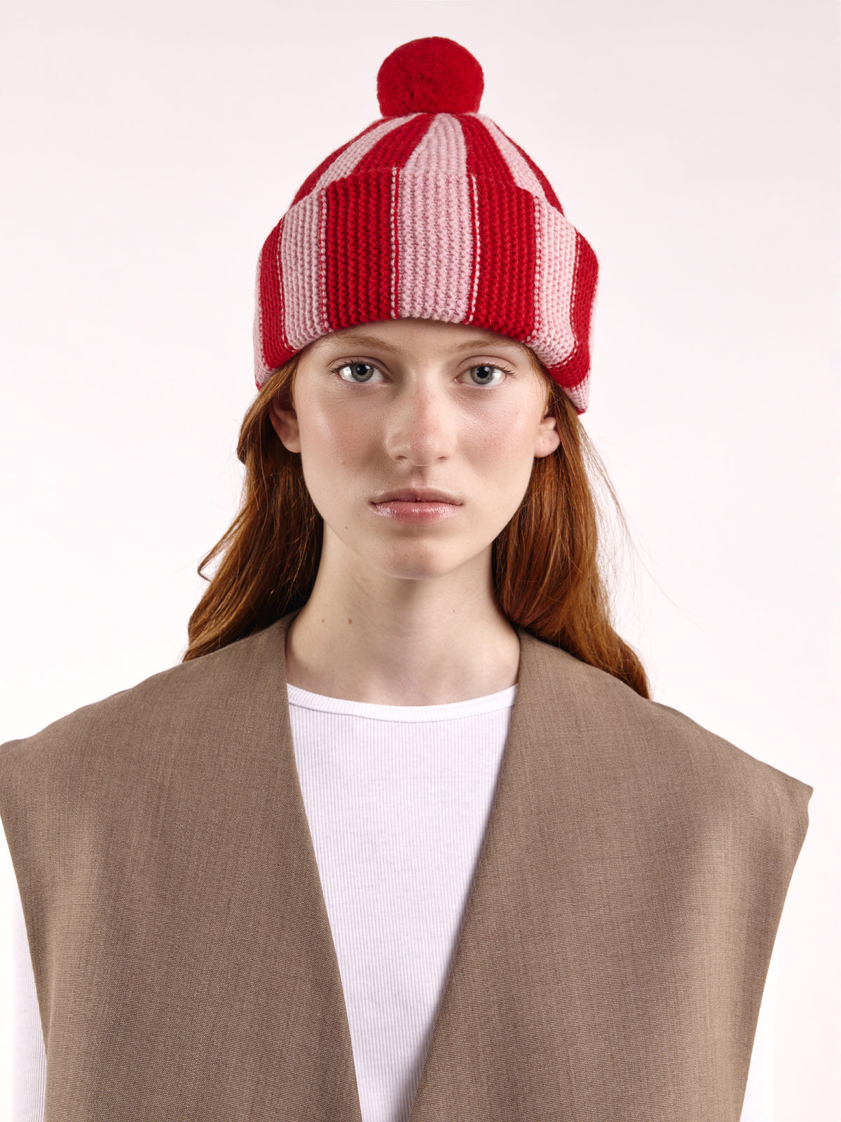 Striped Wool Pom Chunky Beanie Hat - Red/Rose