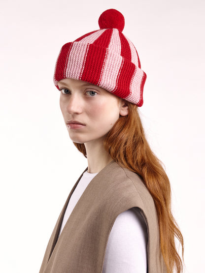 Striped Wool Pom Chunky Beanie Hat - Red/Rose