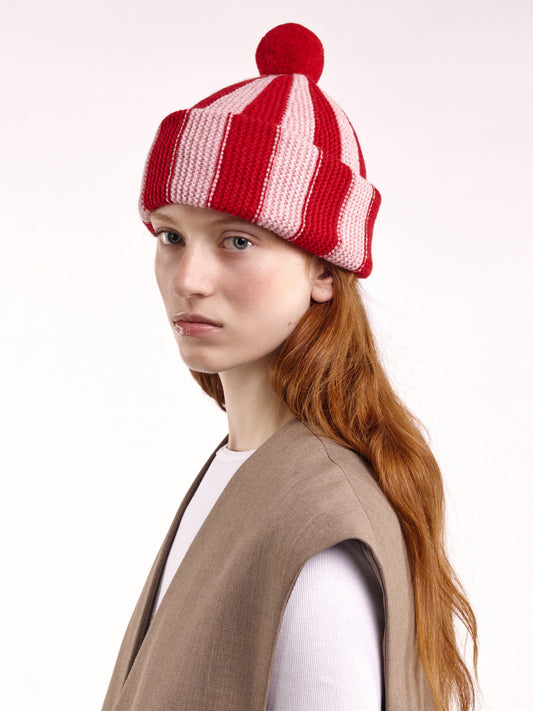 Striped Wool Pom Chunky Beanie Hat - Red/Rose