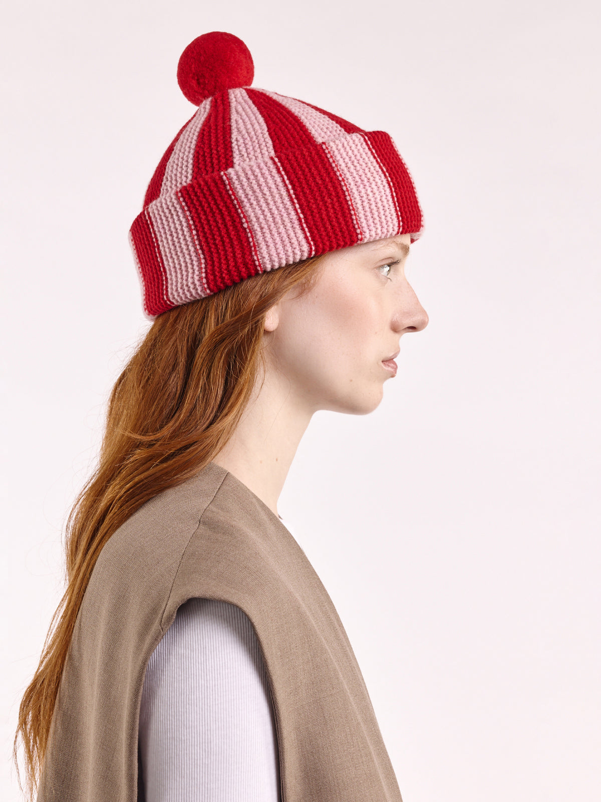 Striped Wool Pom Chunky Beanie Hat - Red/Rose