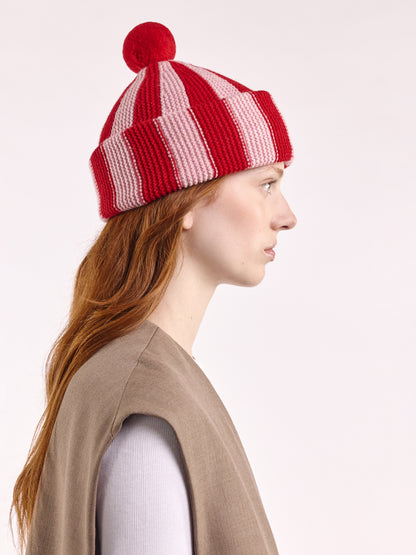Striped Wool Pom Chunky Beanie Hat - Red/Rose