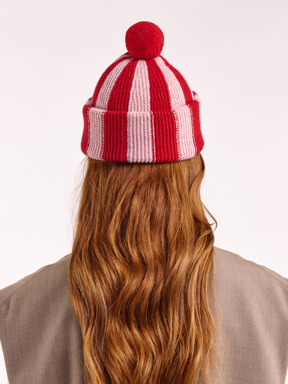 Striped Wool Pom Chunky Beanie Hat - Red/Rose