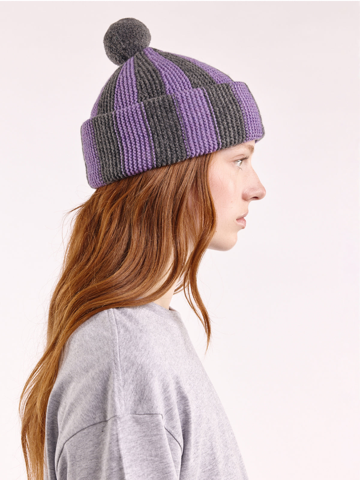 Striped Wool Pom Chunky Beanie Hat - Grey Dark/Purple