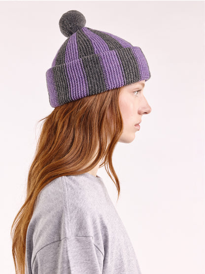 Striped Wool Pom Chunky Beanie Hat - Grey Dark/Purple