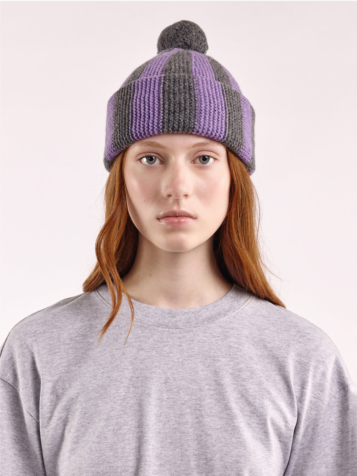 Striped Wool Pom Chunky Beanie Hat - Grey Dark/Purple