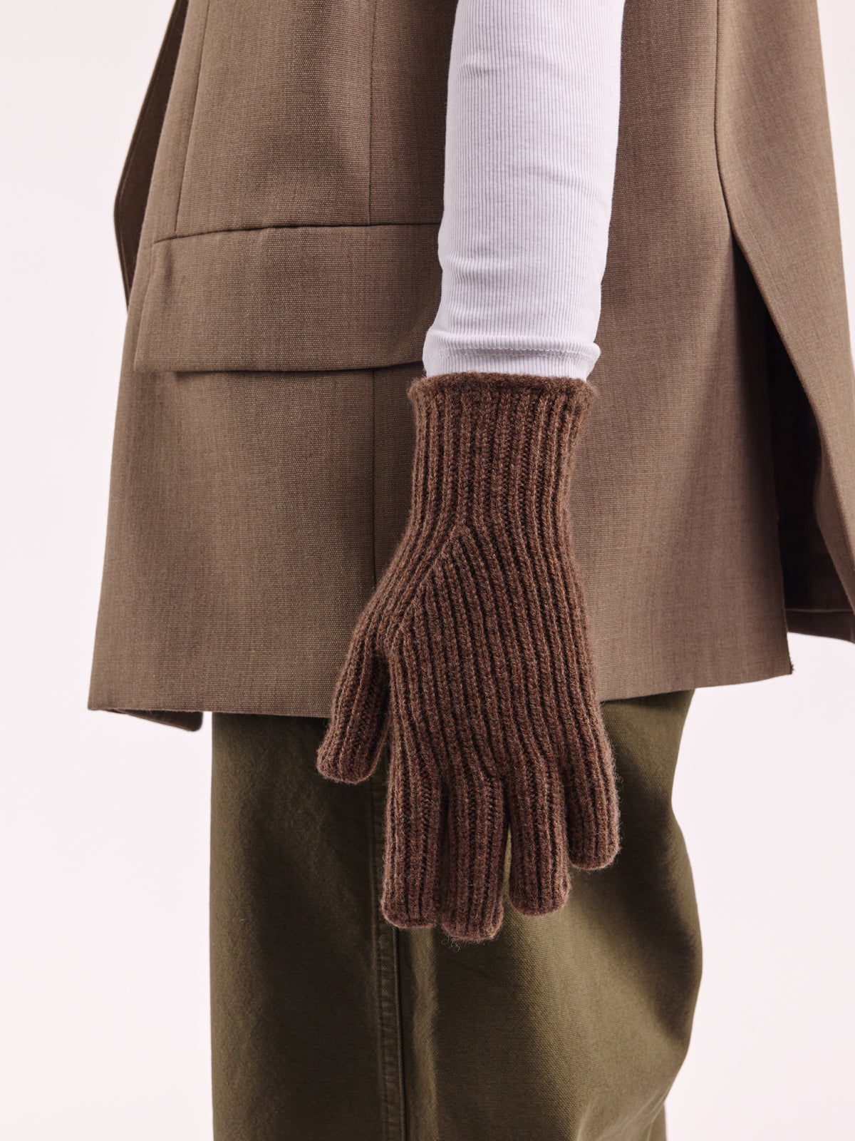 Wool Ribbed Gloves - Brown