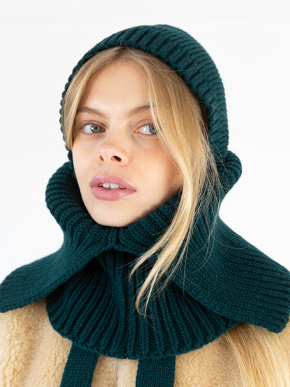Soft Wool Tied Hood - Dark Green